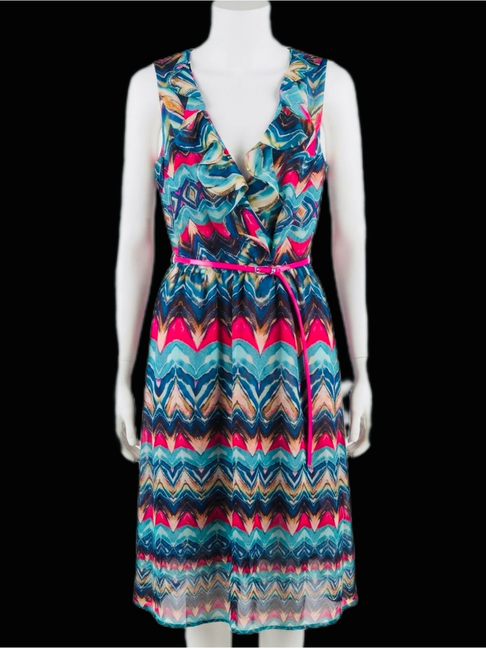 🔥AB Studio Multicolor Chevron Ruffle Midi Dress🩷